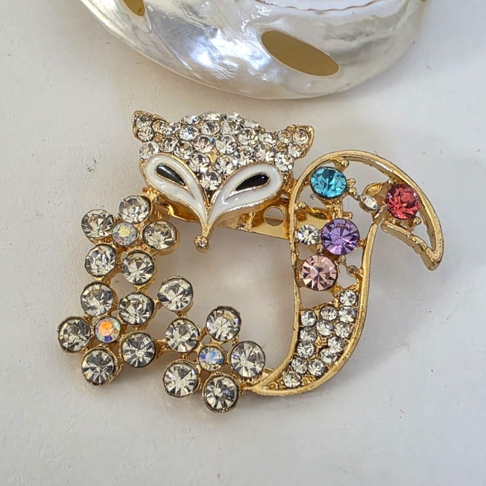 Gold Rhinestone Vixen Fox Brooch Pin